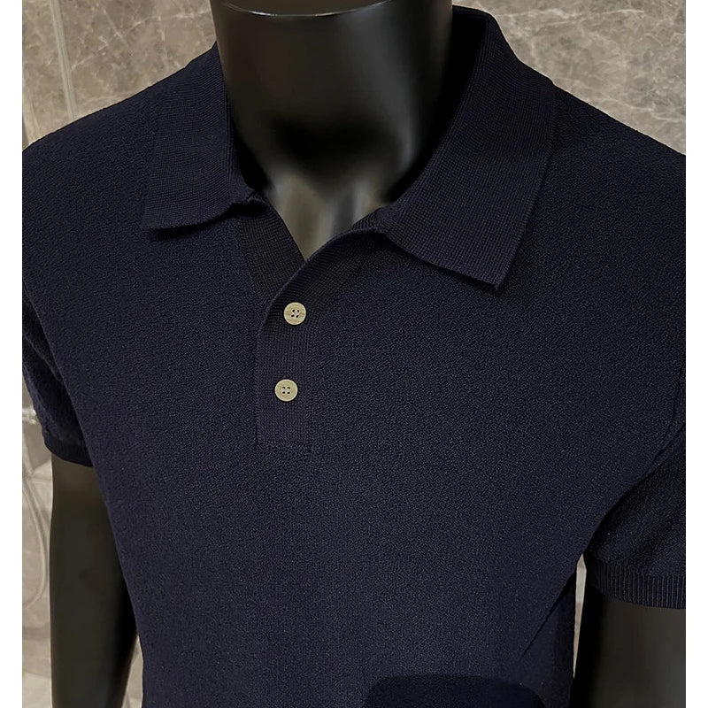 Men's Polo Shirt Knit Short Sleeve Casual Top Solid Color Stretchable Business Casual Top, Summer Pullover Knit Sweater