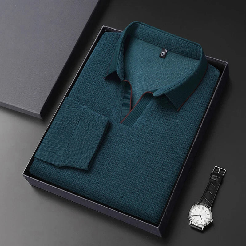 Solid color daily V-neck sweater men's business casual POLO shirt, stretchable, warm autumn new pullover knitwear.