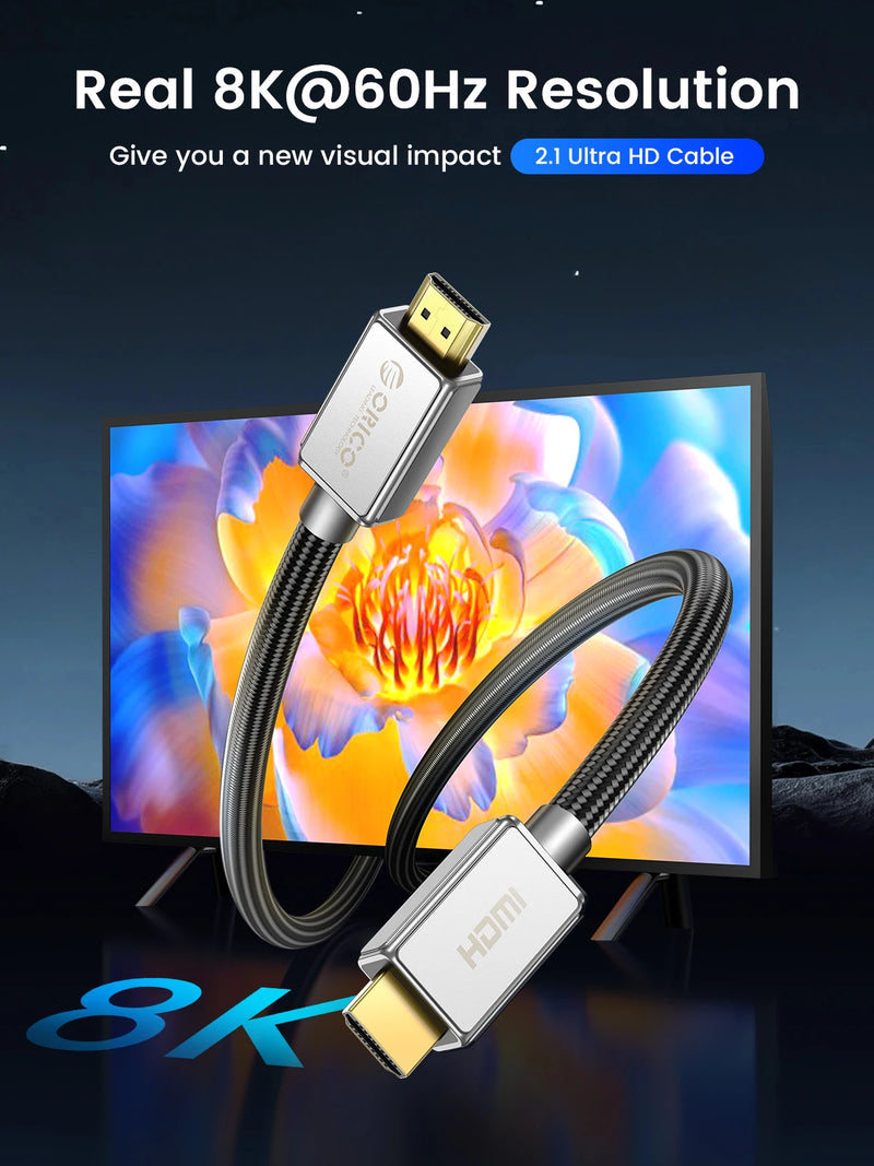 ORICO ORICO 8K@60Hz HDMI-compatible 2.1 Cable 48Gbps Gold-Plated Connectors for Gaming PS5/Xbox/PC 4K 120Hz eARC Dolby Atmos