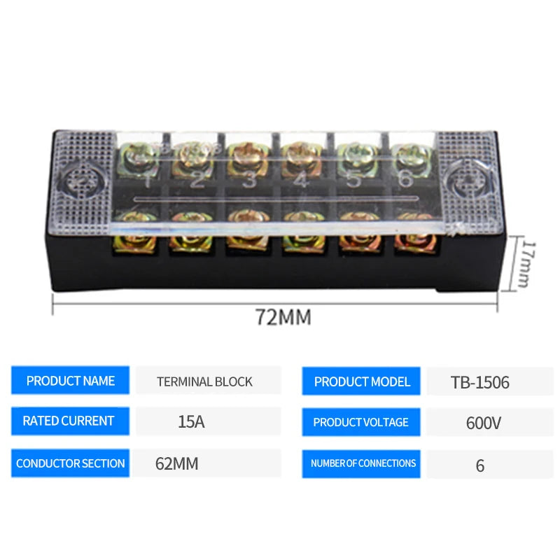 15A/25A/45A 3/4/6/8/10/12 Dual Row Barrier Screw Terminal Block Strip Wire Connector 600V Positions Optional