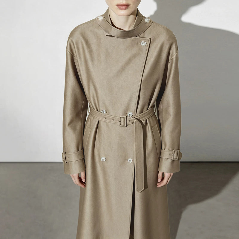 Amii Women's Long Trench Coat Stand Collar Double-Breasted Belted Oversized Satin Shine Commuter Autumn Woman Clothes 12653024