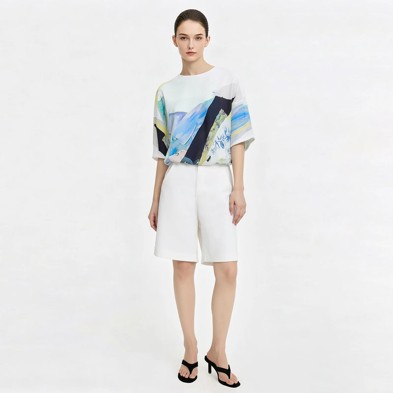 Amii Printed Women's Blouse 2026 Summer New Round Neck Drop Shoulder Chiffon Top Loose Breathable Casual Woman Clothes 12652010