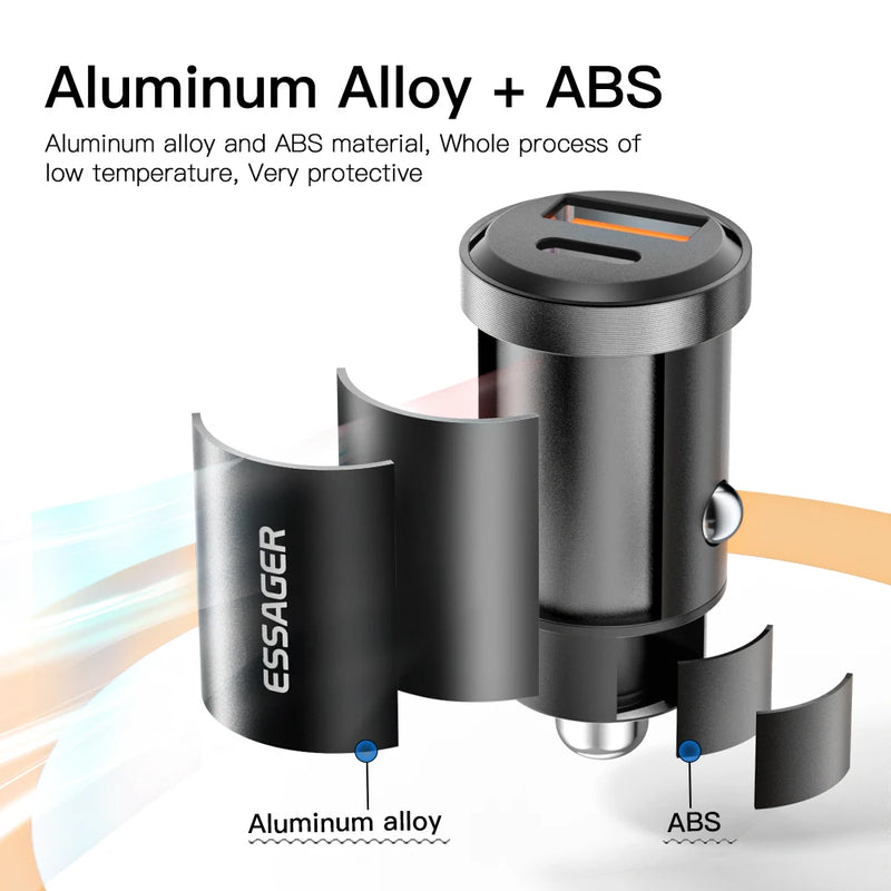 ឆ្នាំងសាករថយន្ត Essager 30W USB Quick Charge 4.0 QC PD 3.0 SCP 5A USB Type C សាកថ្មរថយន្តលឿនសម្រាប់ iPhone 14 13 Huawei Samsung Xiaomi