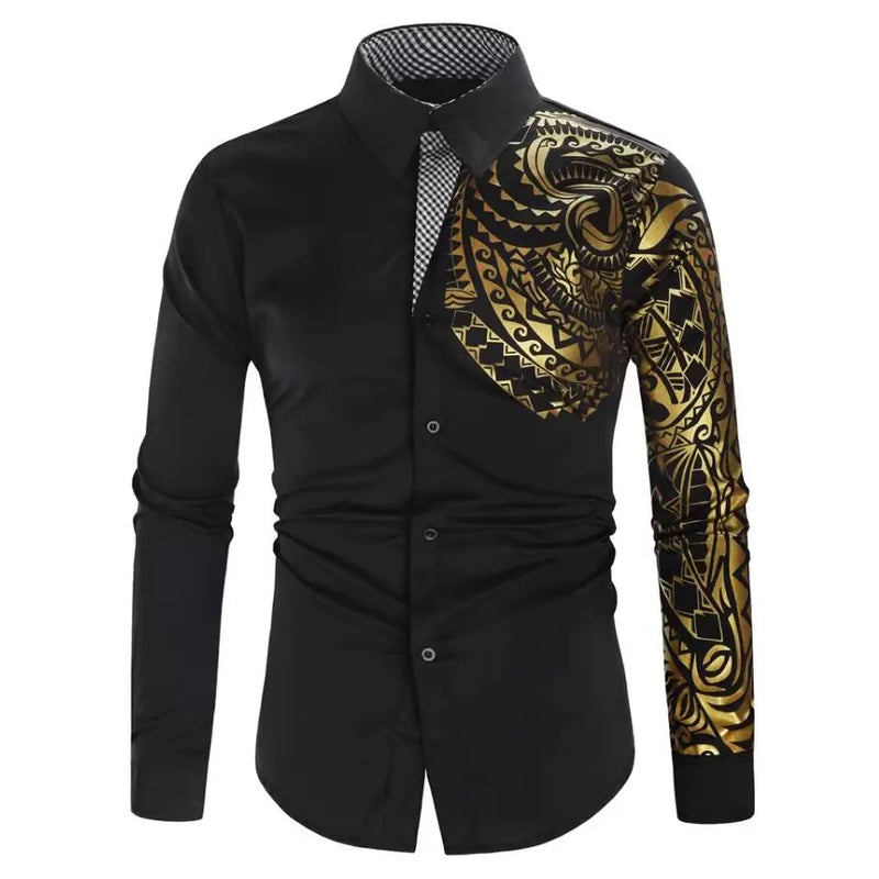 2026 Men's Black Long-sleeved Shirt, Gold Printed Shirts, Fashion Casual Tops Red White Blue Camisa Men Chemise XS S M L XL XXL