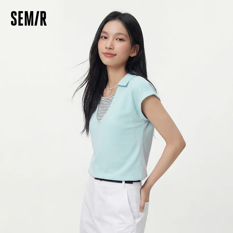 Semir Womens Polo 2026 Short Striped Patchwork Fake Two Piece Ruffle Loose Raglan Sleeve Casual Soft