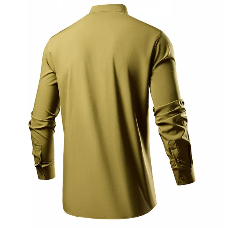 2026 New Men's Black Long-sleeved Shirt, White Single-breasted Stand-up Collar Shirts, Fashion Casual Tops, European Size S-XL.