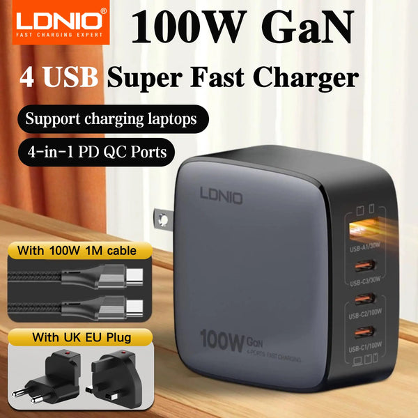 ឆ្នាំងសាក LDNIO 100W USB C ឆ្នាំងសាកចល័ត GaN សម្រាប់ធ្វើដំណើរ ឆ្នាំងសាកកុំព្យូទ័រយួរដៃច្រើនច្រក ឆ្នាំងសាកជញ្ជាំង ឆ្នាំងសាកថាមពល ដោតសហរដ្ឋអាមេរិក សហភាពអឺរ៉ុប ចក្រភពអង់គ្លេស