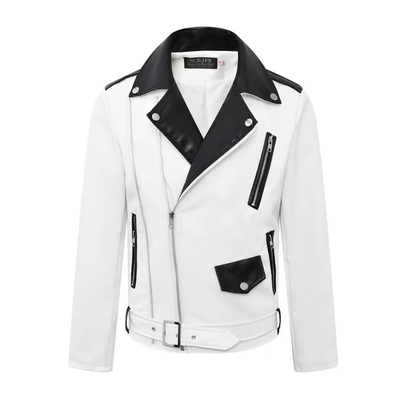 Spring Men's Long-Sleeve Synthetic Leather Jacket, Black and White Color-Blocked Decorative PU Outerwear, Fashionable Biker Coat