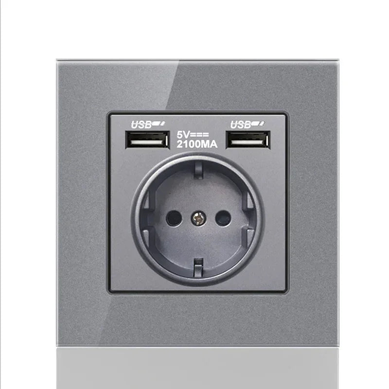 DepoGuye wall type dual USB power socket 2.1A, bedroom socket, 16A wall socket, PC panel, Spain, Russia and EU standard socket