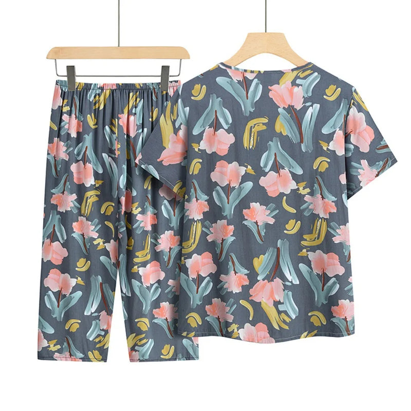 Women's Summer Pajamas Short-Sleeved Night Wear For Ladies Sleepwear Two-piece Middle-aged Pijama Floral Home Wear Pyjama Femme