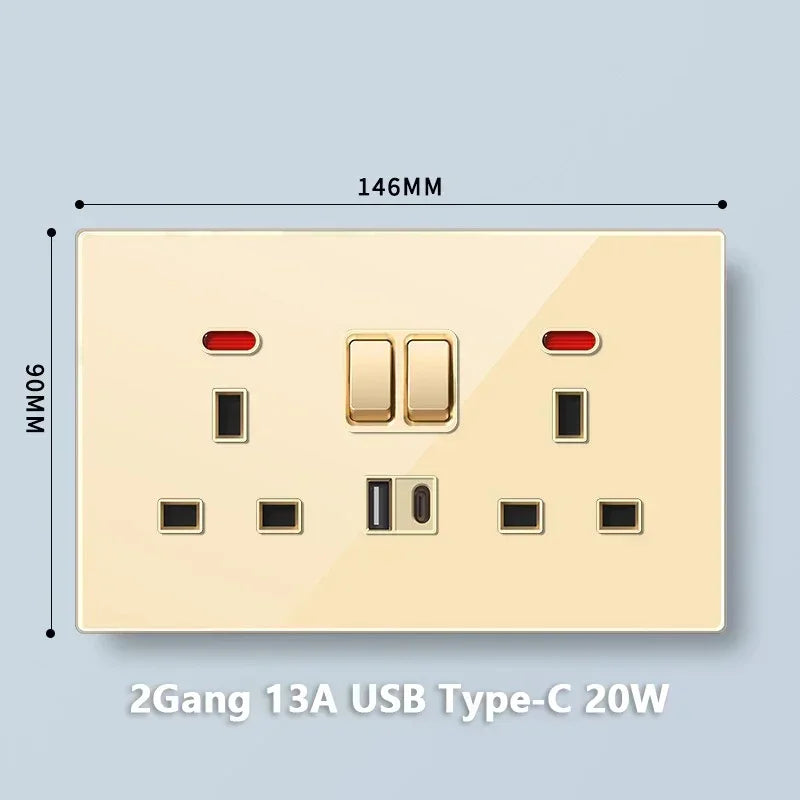 Deluxe Gold Tempered Glass Universal Dual power outlet,UK 13A Wall plug socket with 20W Fast charge,Home Electrical Light Switch