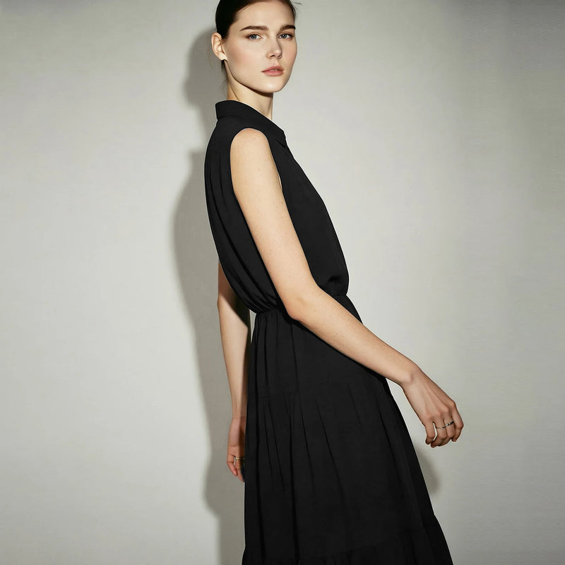 Amii Sleeveless Dress For Women 2026 Summer New Lapel Collar Waist Cinched A-Line Loose Midi Women's Casual Dresses 12642145