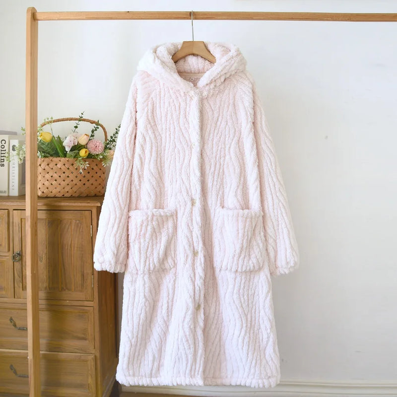 Flannel Thickened Robes for Woman Sleepwear Winter New Coral Fleece Bathrobe Female Loungewear Ladies Hooded Dressing Gown