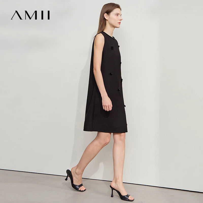 រ៉ូប Amii Minimalist Elegant Summer 2026 រ៉ូបថ្មីសម្រាប់នារី Office Lady ដៃខ្លី O Neck រាងដូចអង្កាំ ម៉ូដសាមញ្ញ 12522055