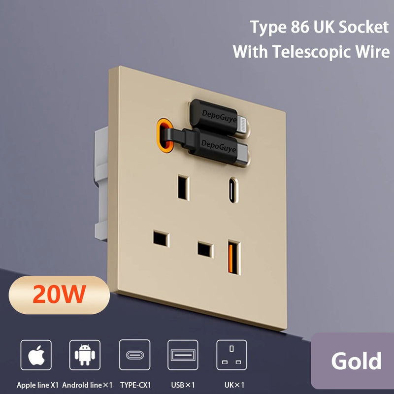86 Type Universal 20W USB Type-C Socket Panel With Expandable Charging Cable Outlet,UK Mobile phone charging Type-c Socket