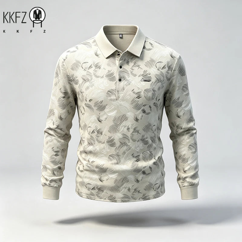 Mens Turn Collar Polo Long Sleeve Tops Premium Printed Material Button Closure Small Logo Decoration Male Clothing