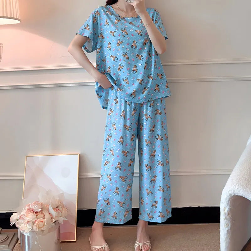 Comfort for Homewear Floral Pajamas 2 Pieces Set for Woman Casual Summer New Short Sleeve Sleepwear Women's Loungewear Suit