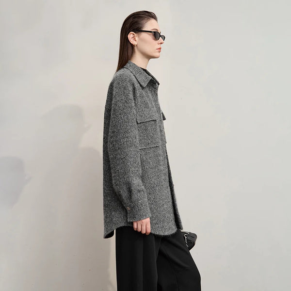 AMII Elegant Women's Coat 2026 Winter New Casual Turn-Down Collar Woman Jacket Loose Knitted Long Sleeves Coat Ladies 12554016