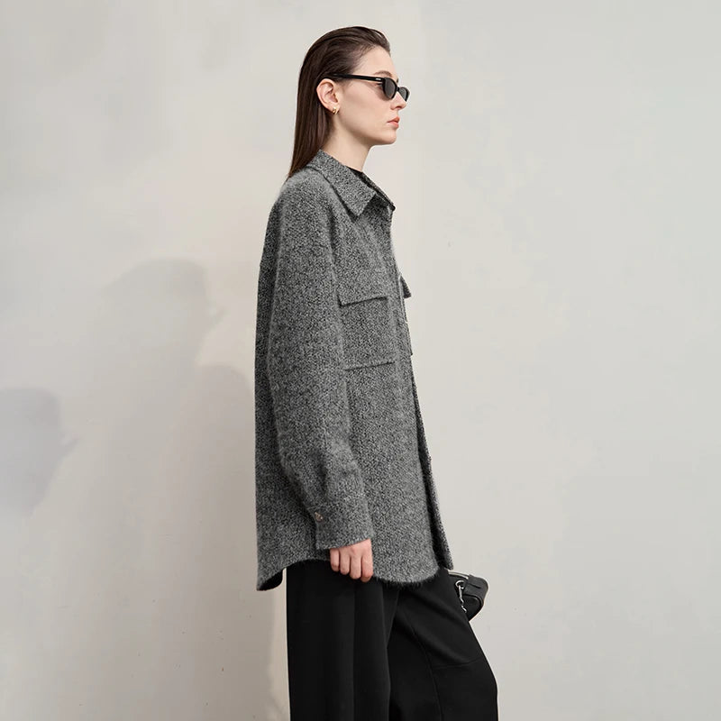 AMII Elegant Women's Coat 2026 Winter New Casual Turn-Down Collar Woman Jacket Loose Knitted Long Sleeves Coat Ladies 12554016