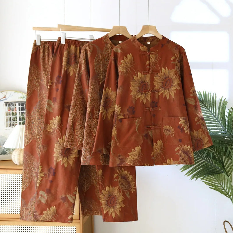 Retro Floral Pyjama Couple Homewear Autumn Sleepwear Cotton Long Sleeve Loungewear Sets Women Pajama Set 2-Piece Home Wear