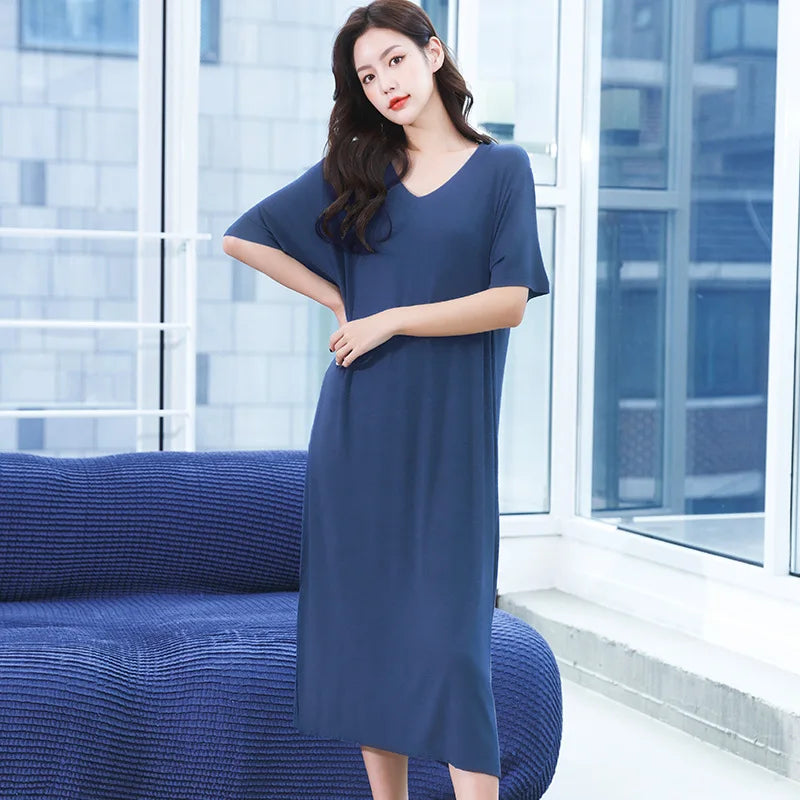Loose Night Dress Women New V Neck Short Sleeve Sleepshirt Modal Comfortable Long Nightdress Oversize Nightgowns Female