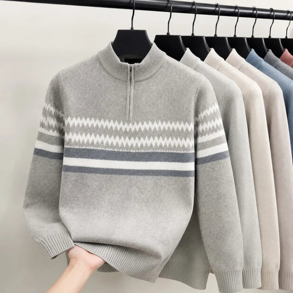 Men's Half-Zip Mock Neck Knit Sweater Fashion Geometric Pattern Casual Business Pullover Autumn Winter Warm Pullover