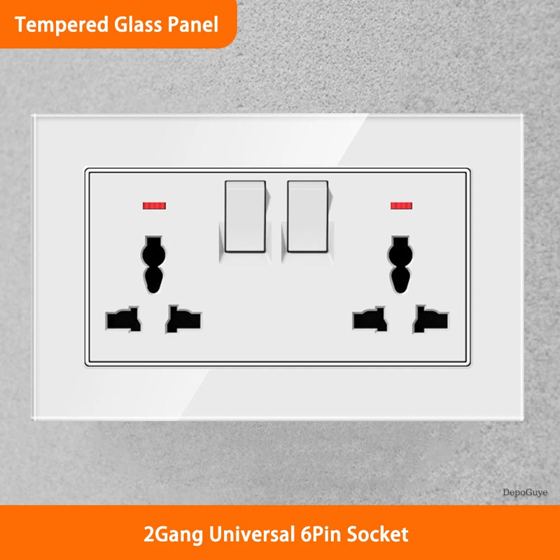 White Universal UK 13A Socket with USB Type-C 18W Fast Charging Wall Socket,Tempered Glass Button Light Switch,Dual 3pin Socket