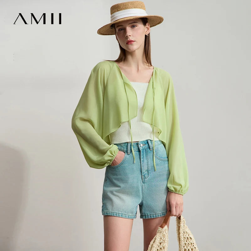 Amii Women's Minimalist Blouse 2026 Summer New Commuting Versatile V-Neck Tops Short Raglan Sleeve Thin Chiffon Blouse 12542281