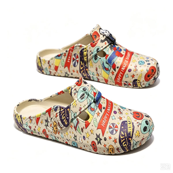 Men's Cartoon Alien Space Print Closed Toe Slip On Clogs Strap-Free EVA Waterproof Casual Indoor Outdoor Mules Slide sandals