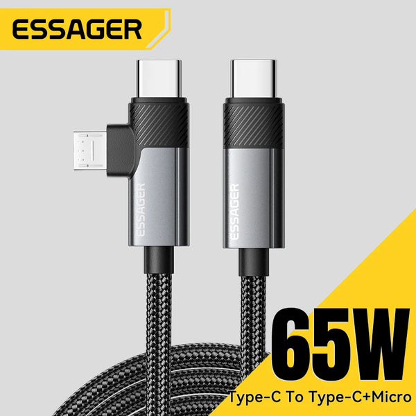 Essager 2 in 1 USB C Cable 65W PD Fast Charging Type C/USB A To Micro Cable For iPhone Samsung Xiaomi Huawei Redmi iPad Macbook