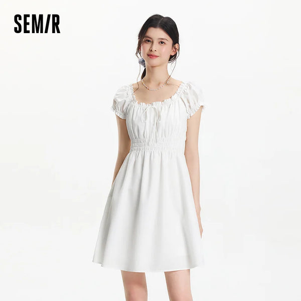 Semir Bowknot Dress Women Youthful 2025 Summer New Playful Square Neck Lace Trim Flirty Short Dress