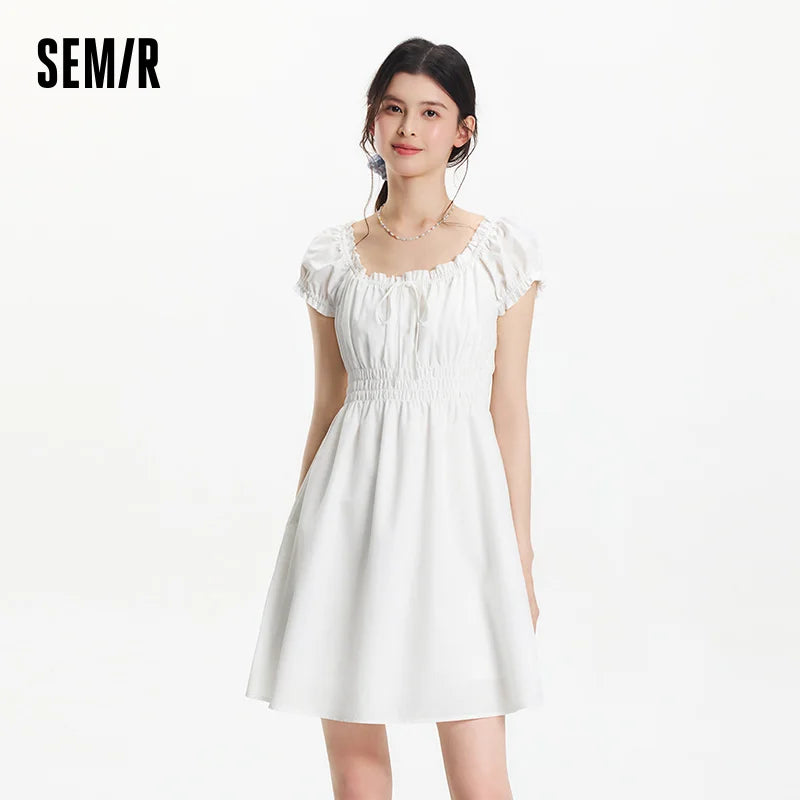 Semir Bowknot Dress Women Youthful 2025 Summer New Playful Square Neck Lace Trim Flirty Short Dress