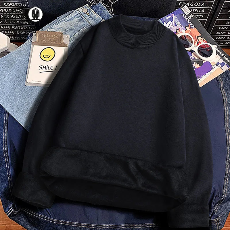 Male Everyday Wear Knitted Pullover Mock Collar Thick Fleece Lining Long Sleeve Warm Sweater For Chilly Weather