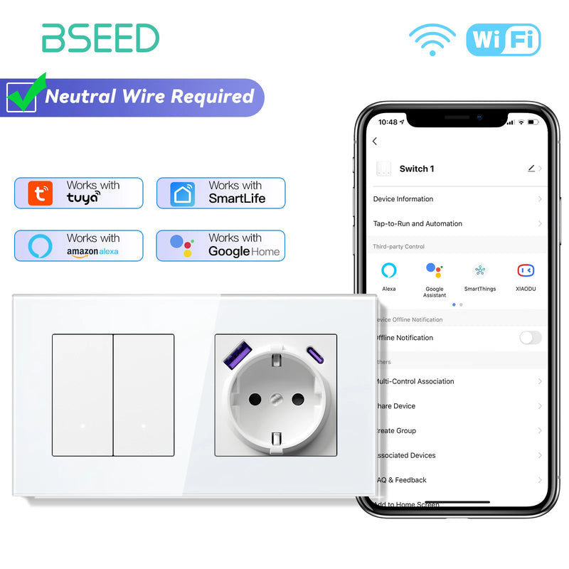 BSEED WIFI Light Switch 1/2/3Gang 2Way Smart Click Button Switch With EU Wall Socket Glass Panel Tuya Smart Life Alexa Control