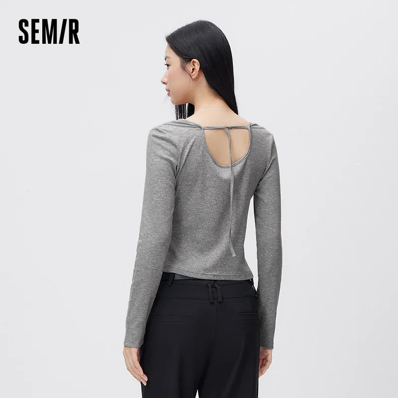 Semir Stylish Tshirt Women 2026 Spring Short Boat Neck Slim Fit Embroidered Inner Layer Unique Design Versatile Top