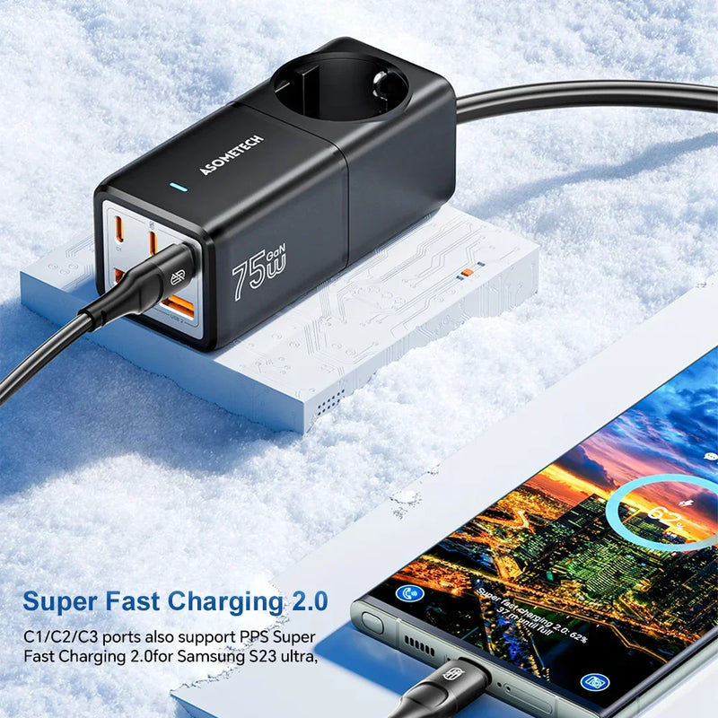 ឆ្នាំងសាកលឿន GaN Desktop 75W QC4.0 3.0 PD3.0 ស្ថានីយ៍សាកសម្រាប់ iPhone 14 13 Pro Max Xiaomi Samsung MacBook Laptop