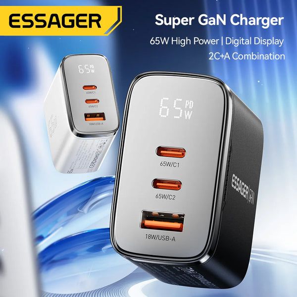 ឆ្នាំងសាក Essager 65W GaN USB Type C អេក្រង់ឌីជីថល QC 4.0 PD 3.2 PPS 45W សាកលឿនសម្រាប់ Samsung Huawei IPhone17 កុំព្យូទ័រយួរដៃ MacBook