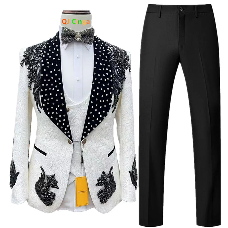 Men’s White Sequin & Crystal Embroidered Shawl Collar Blazer + Vest + Black Slim Fit Trousers - Dazzling Formal Suit Set