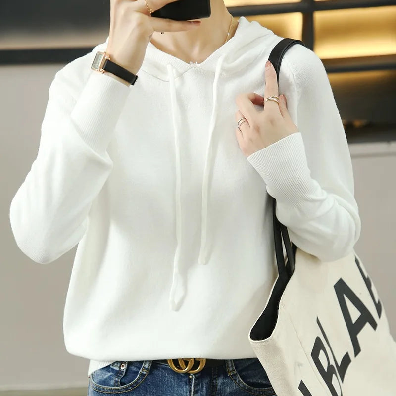 Spring Autumn New Hooded Pullover Sweater Knitwear Women's Long Sleeved Loose Leisure Knitted Hoodie Coat Pull Femme Tops