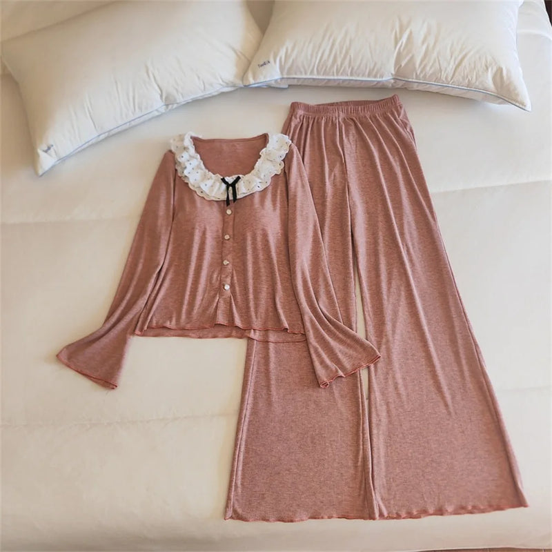 Chest Pads 2-Piece Pajamas for Women's Spring Autumn Long Sleeve Trousers Pijama Sleepwear Nightwear Woman Comfort for Homewear