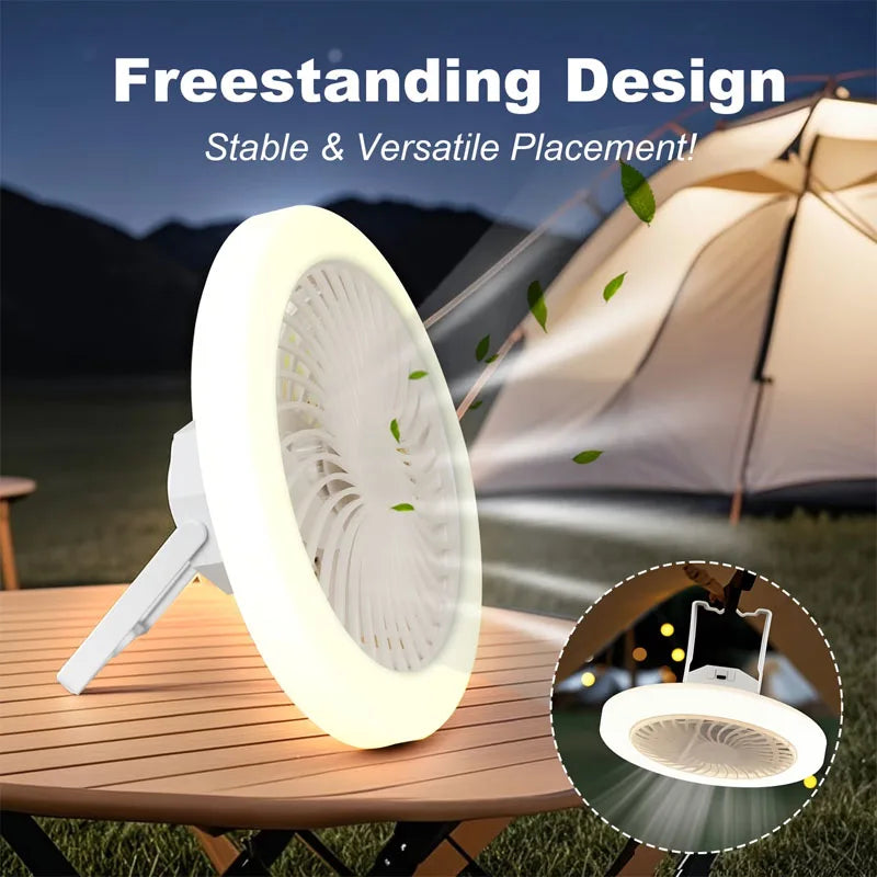 Camping Fan 3-speed With 3-Color Lighting Desktop Standing Hooked Fan Light USB Rechargeable for Outdoor And Indoor