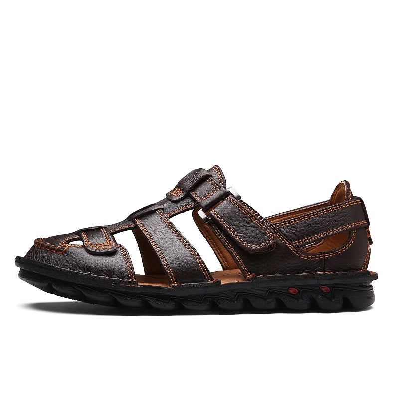 Summer Thick Sole Sandals Men Leather Toe Covered Sandals Black Brown Size 38-46 47 48 Dropshipping