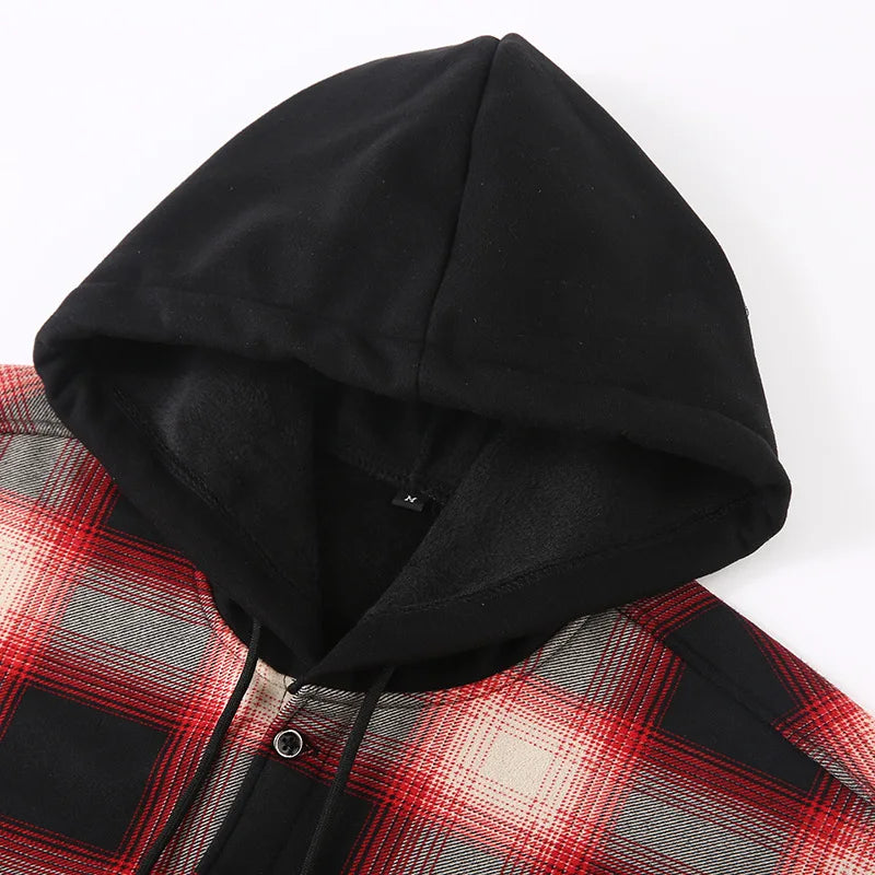 New Winter Men's Long-Sleeve Hooded Fleece Shirt—a Stylish, Casual, and Warm Plaid Shirts.