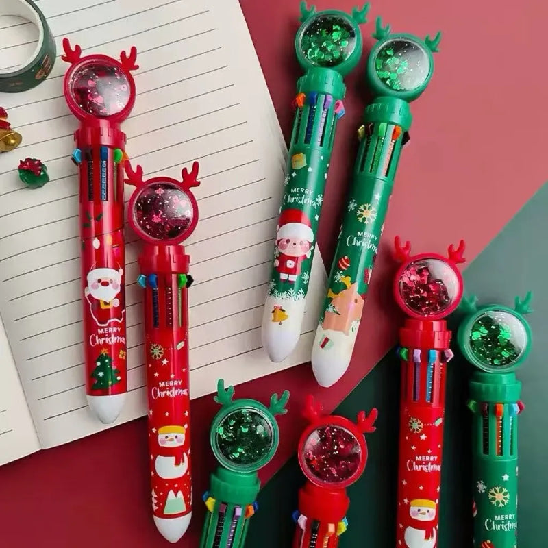 2026 Christmas Press-on Coloured Pens Ballpoint Pens Student Santa Press-on Ballpoint Pens Christmas Stationery 10 Colours 0.5mm