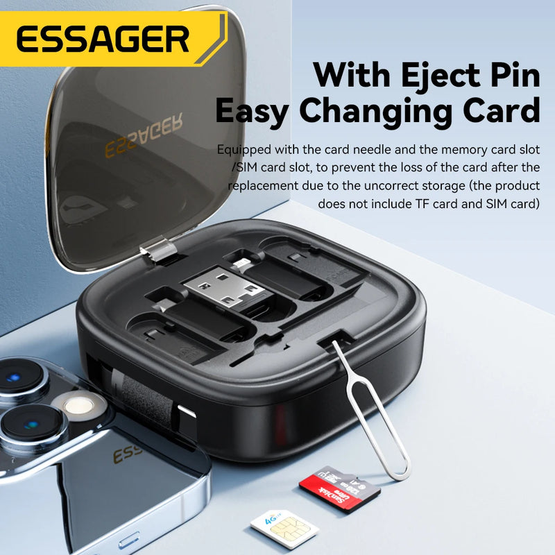 ខ្សែ Essager USB C ទៅ Type-C PD 60W ទៅ Micro Lighting សាកថ្មលឿន ទិន្នន័យធ្វើដំណើរ ខ្សែពហុមុខងារ ជាមួយប្រអប់ផ្ទុកសម្រាប់ដាក់