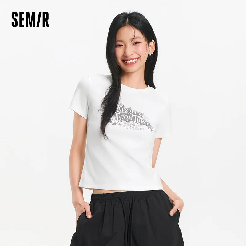 Semir Womens Tshirt 2026 Vintage Washed Printed Slim Regular Shoulder Retro American Style Casual Soft