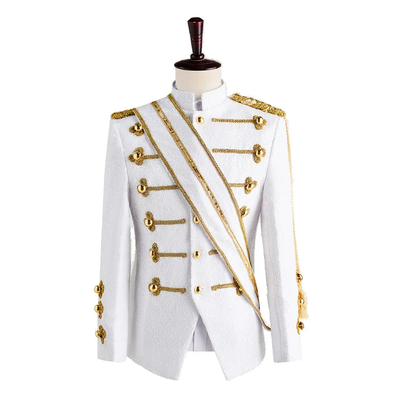 Men's Black Stand-up Collar Jacket in A Court-style Design with Gold Buttons; Ideal for Nightclubs, DJs, Stage Performances.