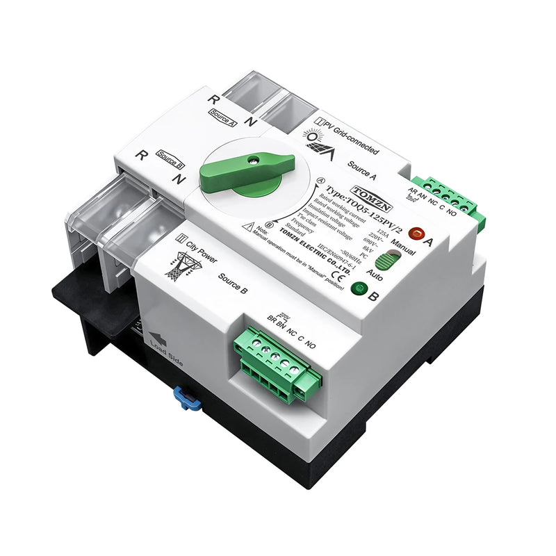 TOMZN 2P 3P 4P Din Rail ATS for PV and Inverter Dual Power Automatic Transfer Selector Switches Uninterrupted 63A 100A 125A