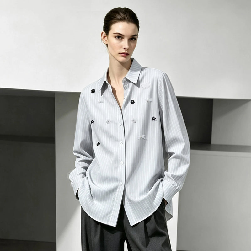 Amii Women Lapel Striped Shirt Long Sleeve Blouse Beaded Office Lady Shirts Casual Minimalist Commuter Autumn New Tops 12653003