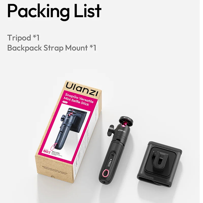 ជើងទ្រ Ulanzi MT55 SnapGo Mini Selfie Stick ជើងទ្រជាមួយ 1/4" ម៉ោន 360° ក្បាលបាល់ របៀប Mantis សម្រាប់កាមេរ៉ាសកម្មភាព ទូរស័ព្ទ Vlog ពន្លឺ